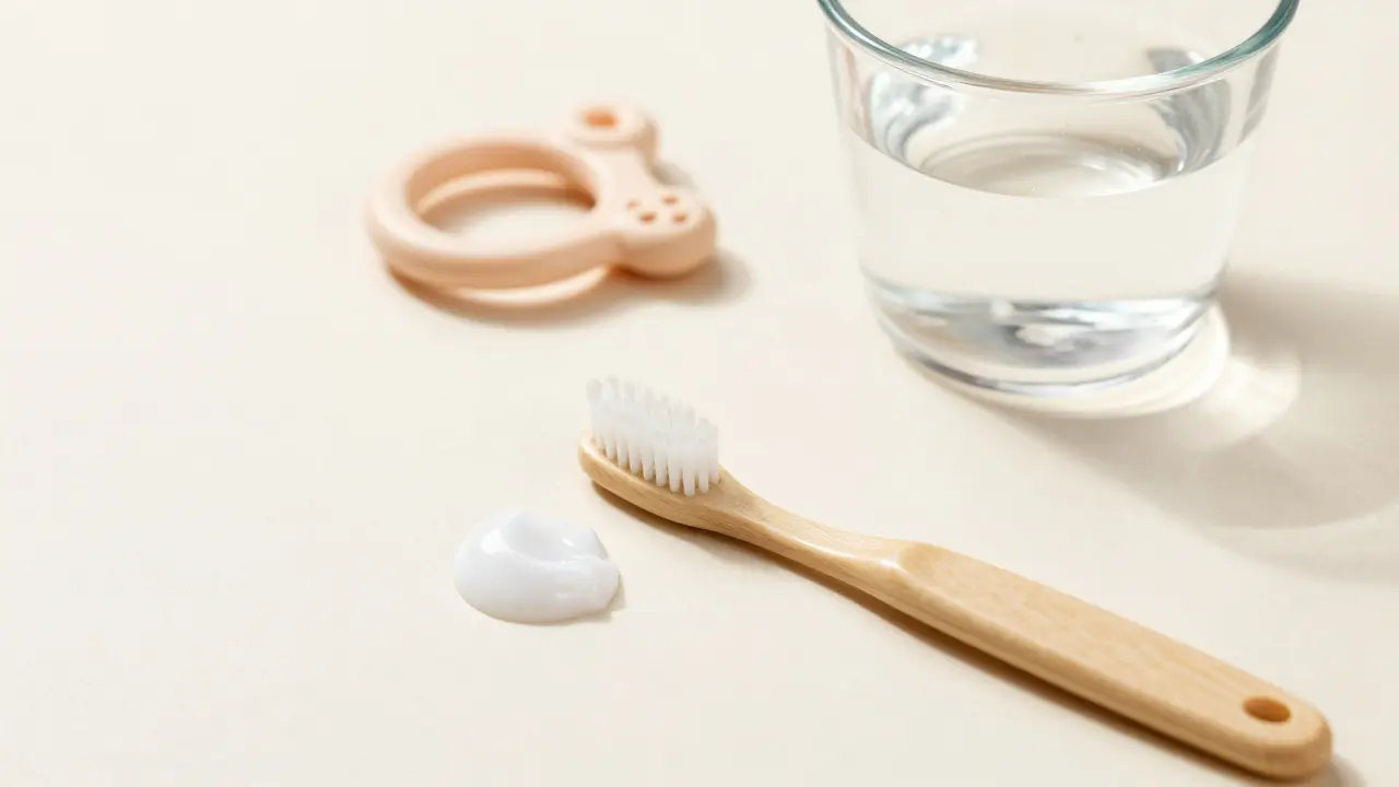 Dětská kartáček a hračky pro hygienu úst uspořádané na čistém povrchu.