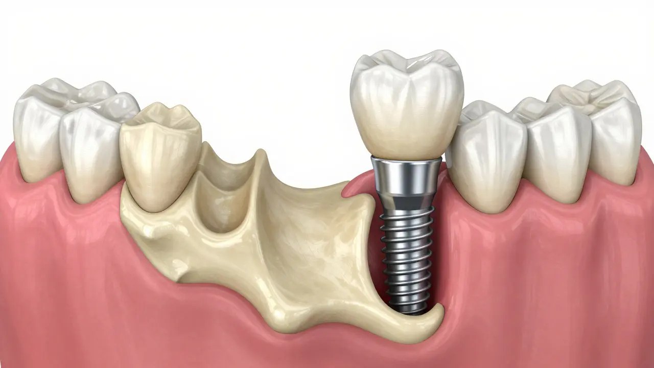 Lékařská ilustrace porovnávající úbytek kosti po extrakci a stabilitu s implantátem.