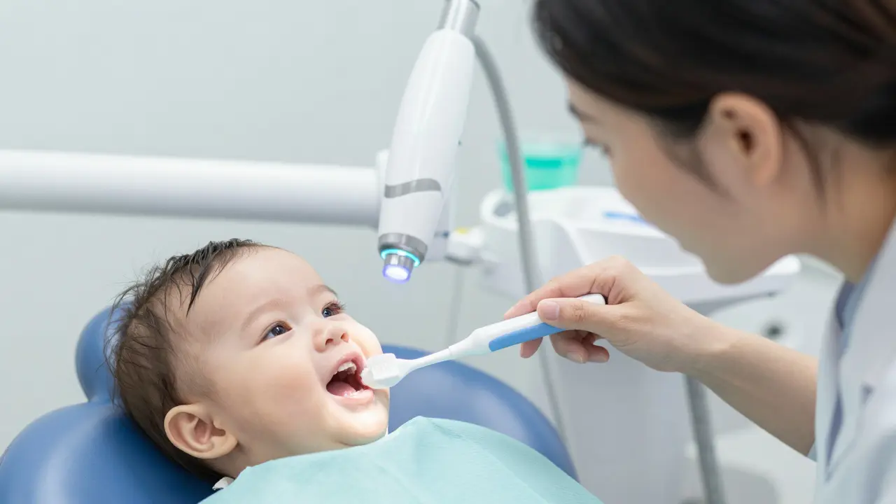 Máma čistí zuby batolete doma vedle ilustrace ochrany fluoridem