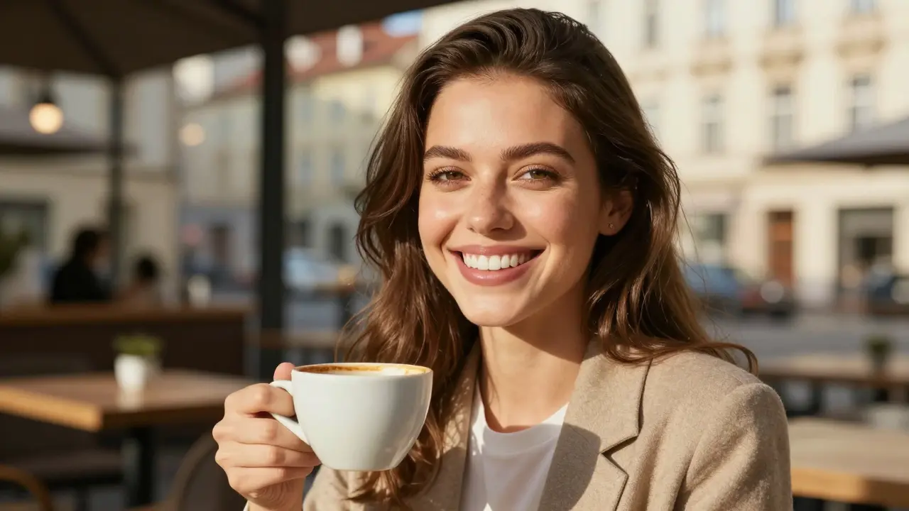 Usmívající se žena s perfektními zuby drží kávu