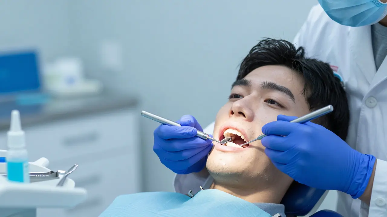 Zubní lékař provádí diagnostický test vitality zubu u pacienta