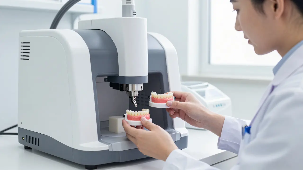 Zubní technik vyrábí korunku pomocí CNC stroje v moderní laboratoři.