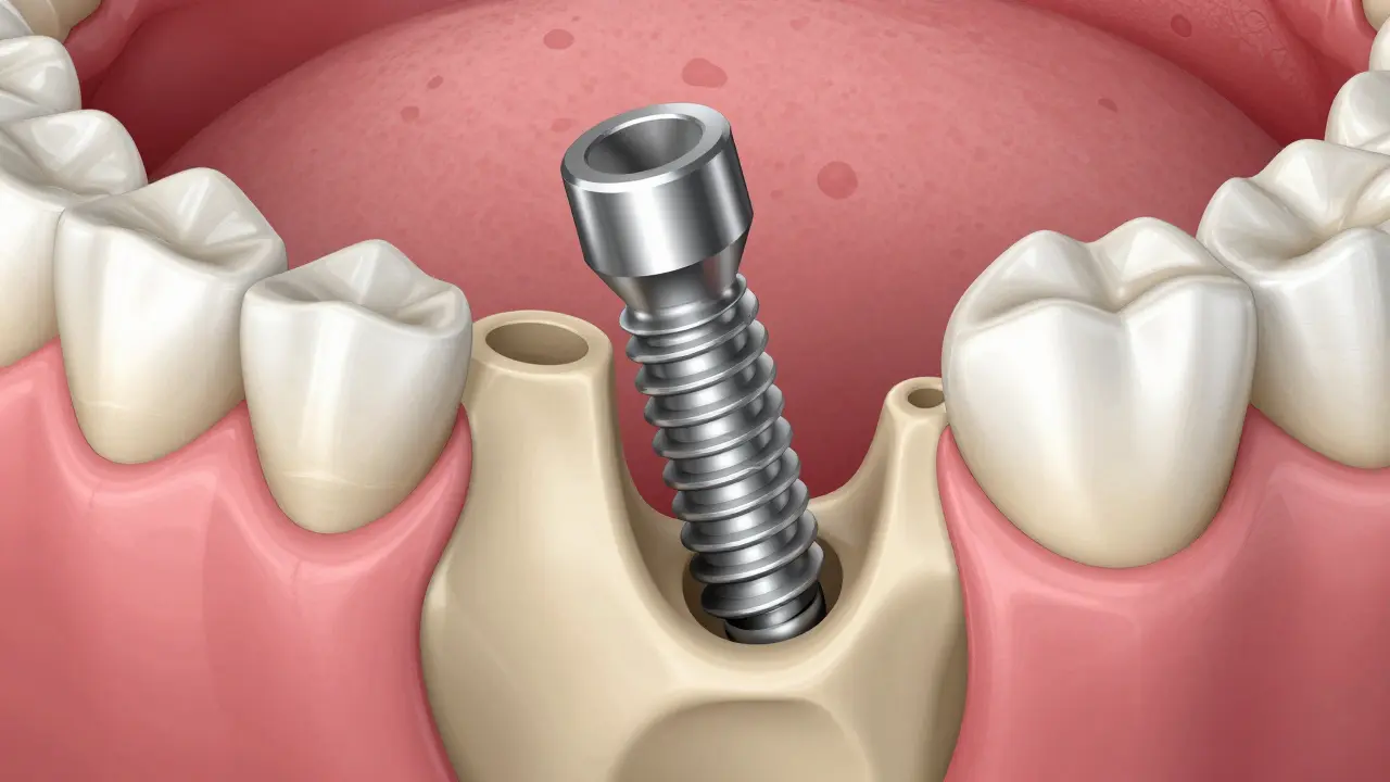 Anatomický pohled na titanový zubní implantát v kosti