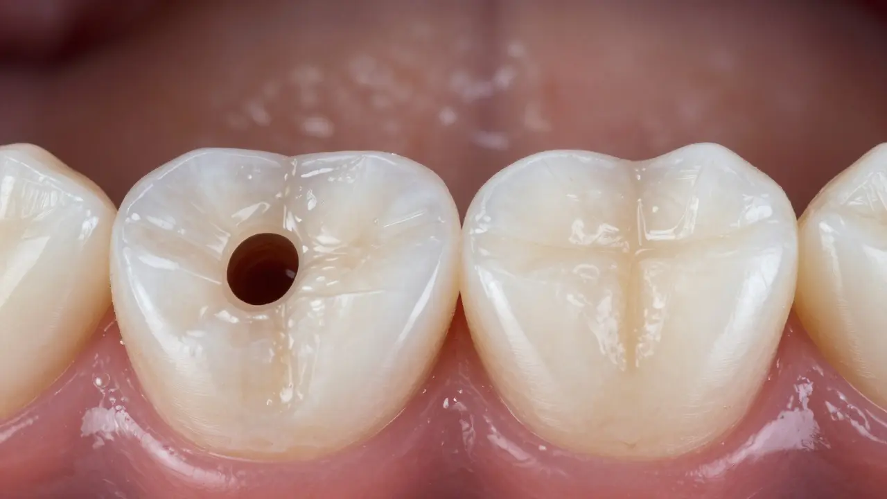 Detailní záběr na zub s perfektně zapadající bílou kompozitní výplní