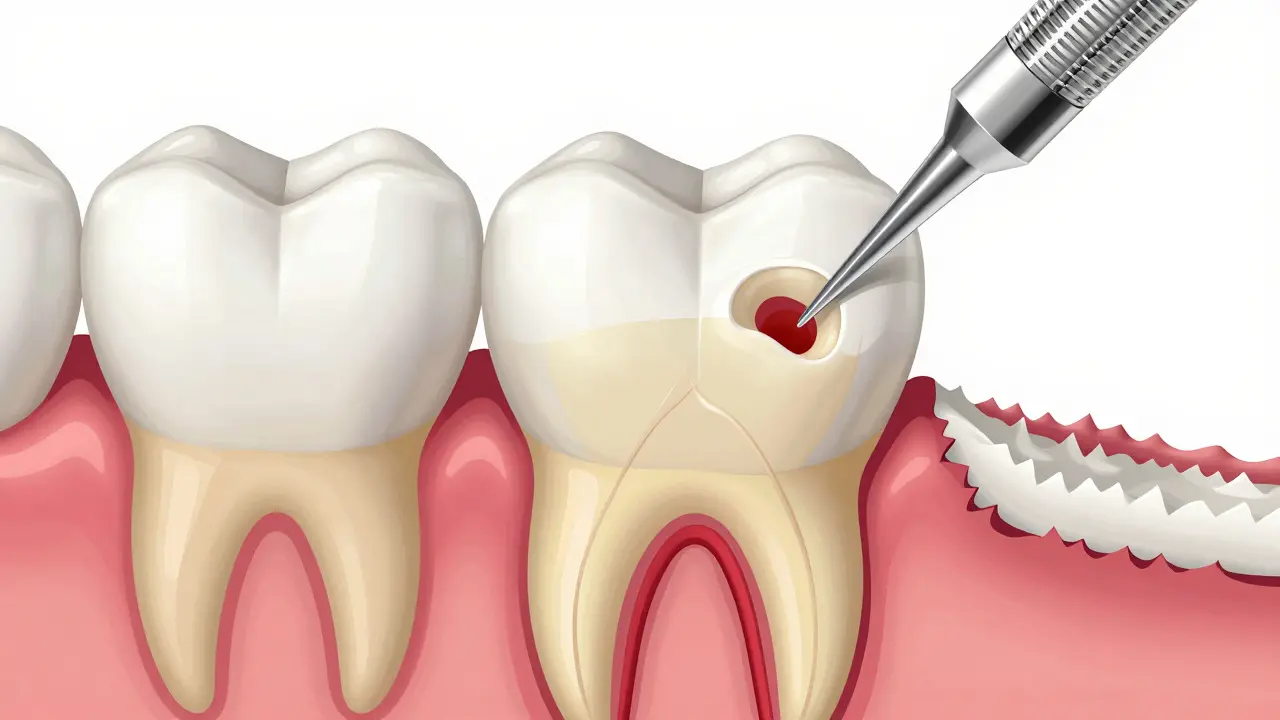 Detailní záběr vrstev zubu ukazující sklovinu, dentinu a nerv