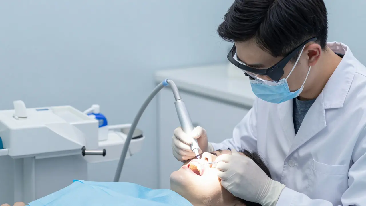 Stomatolog provádí estetickou infiltraci zubu v ordinaci