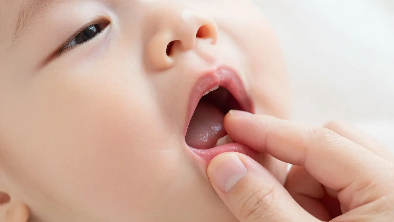 Záběr na prst jemně masírující zduřelé dásně dítěte pro úlevu od bolesti