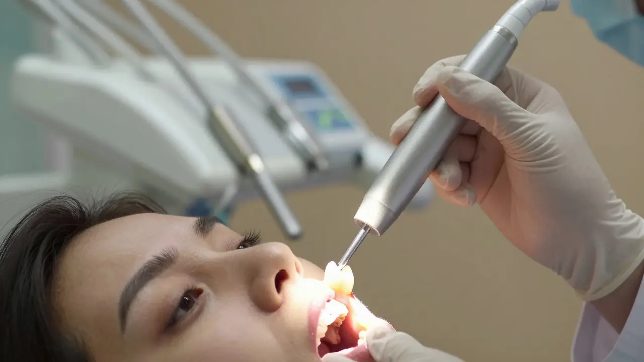 Zubní lékař provádí diagnostiku průsvitným světlem na zubu