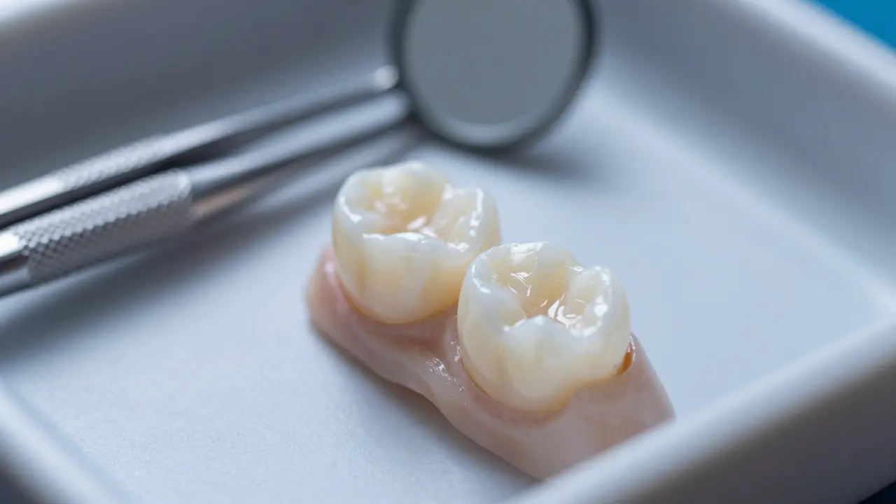 Zubní most z porcelánu ležící na sterilním zubním tácu