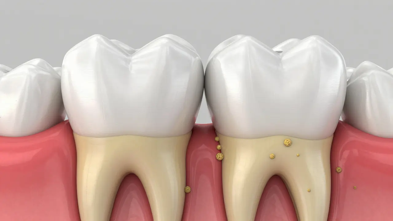 3D ilustrace zubu ukazující žlutý dentin a povlak