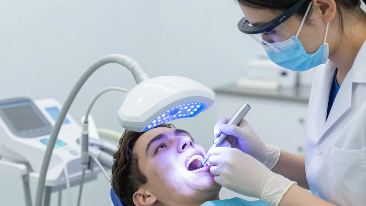 Dentista aplikuje bělicí gel s LED světlem v ordinaci