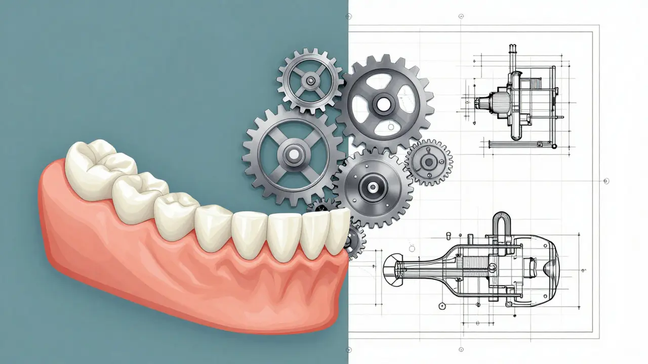 Ilustrace spojující anatomii čelisti s technickými plány