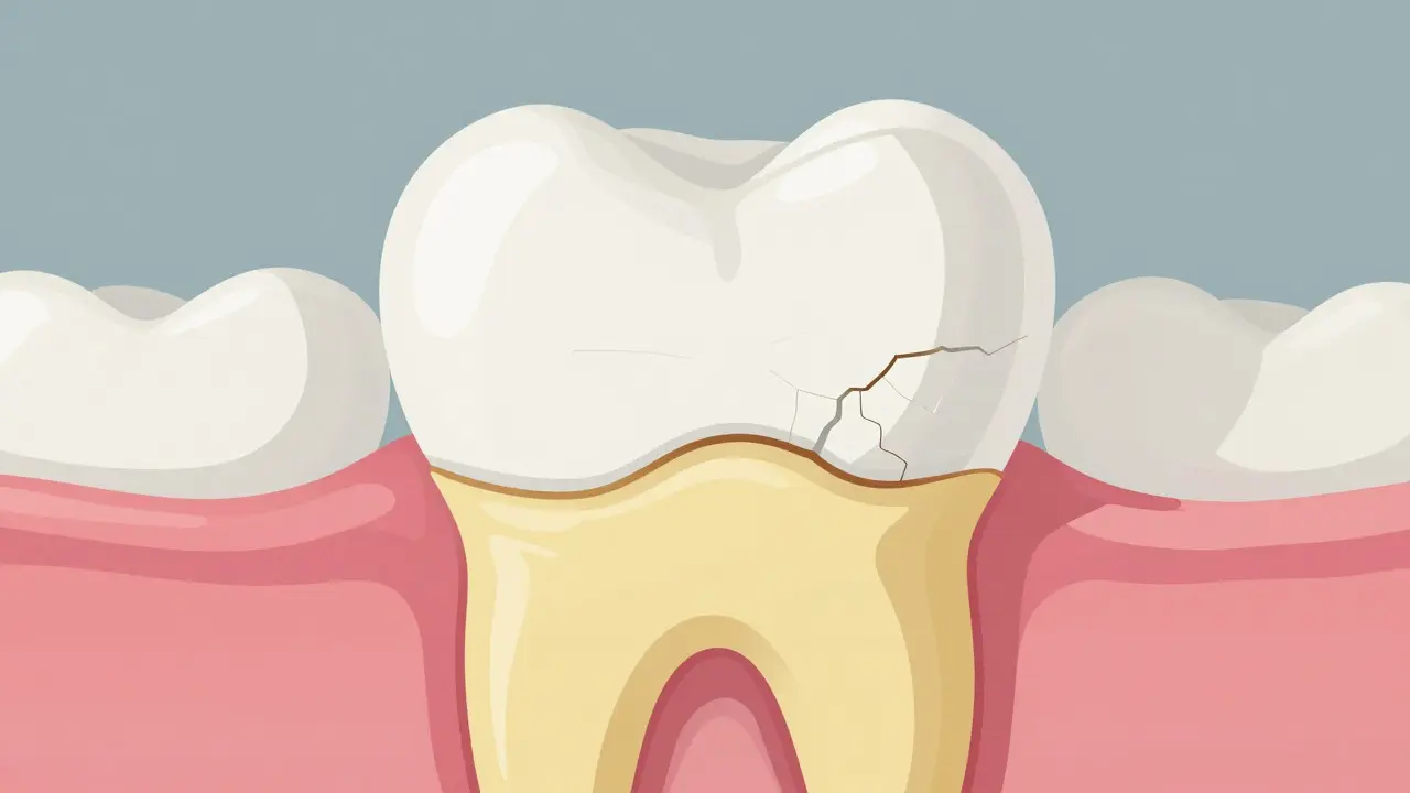Ilustrace zubu ukazující erozi skloviny a prosvítající žlutý dentin.