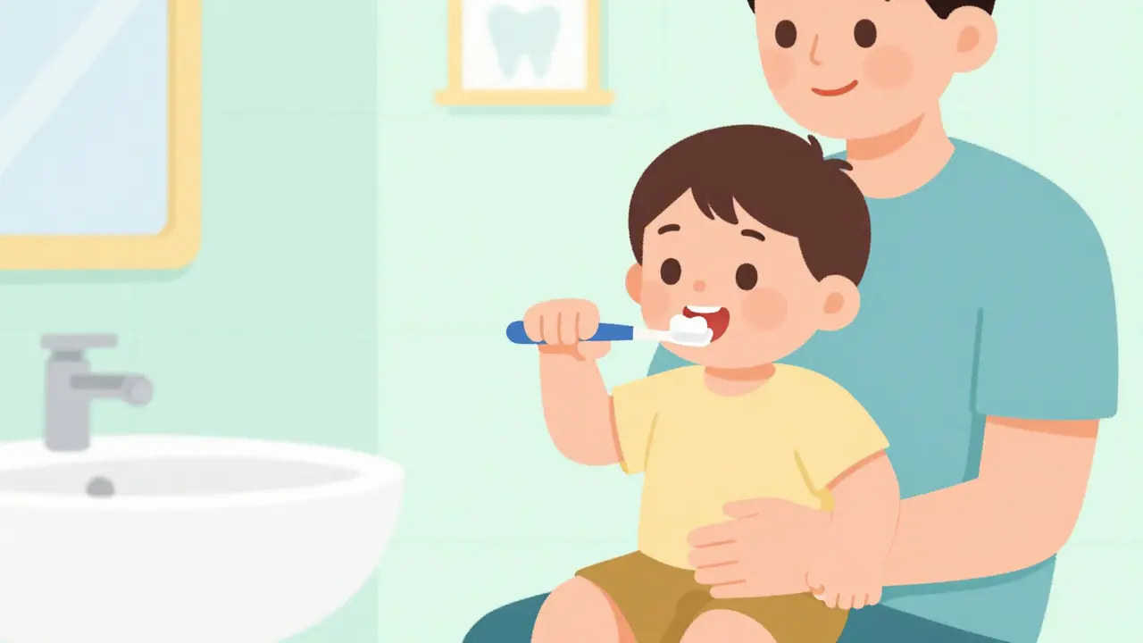 Rodič čistí zuby batěti v koupelně s fluoridovou pastou
