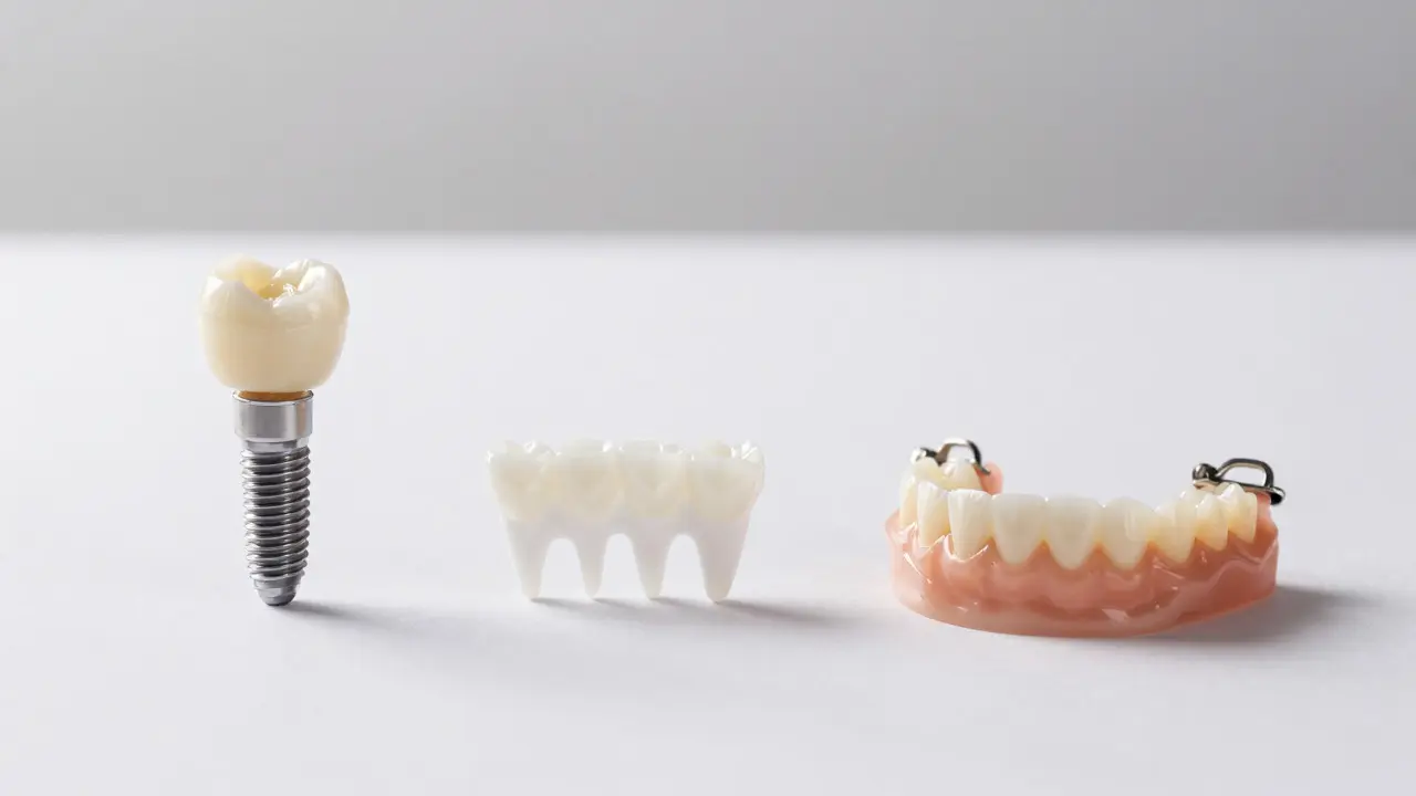 Srovnání zubního implantátu, mostu a parciální protézy na bílém podkladu