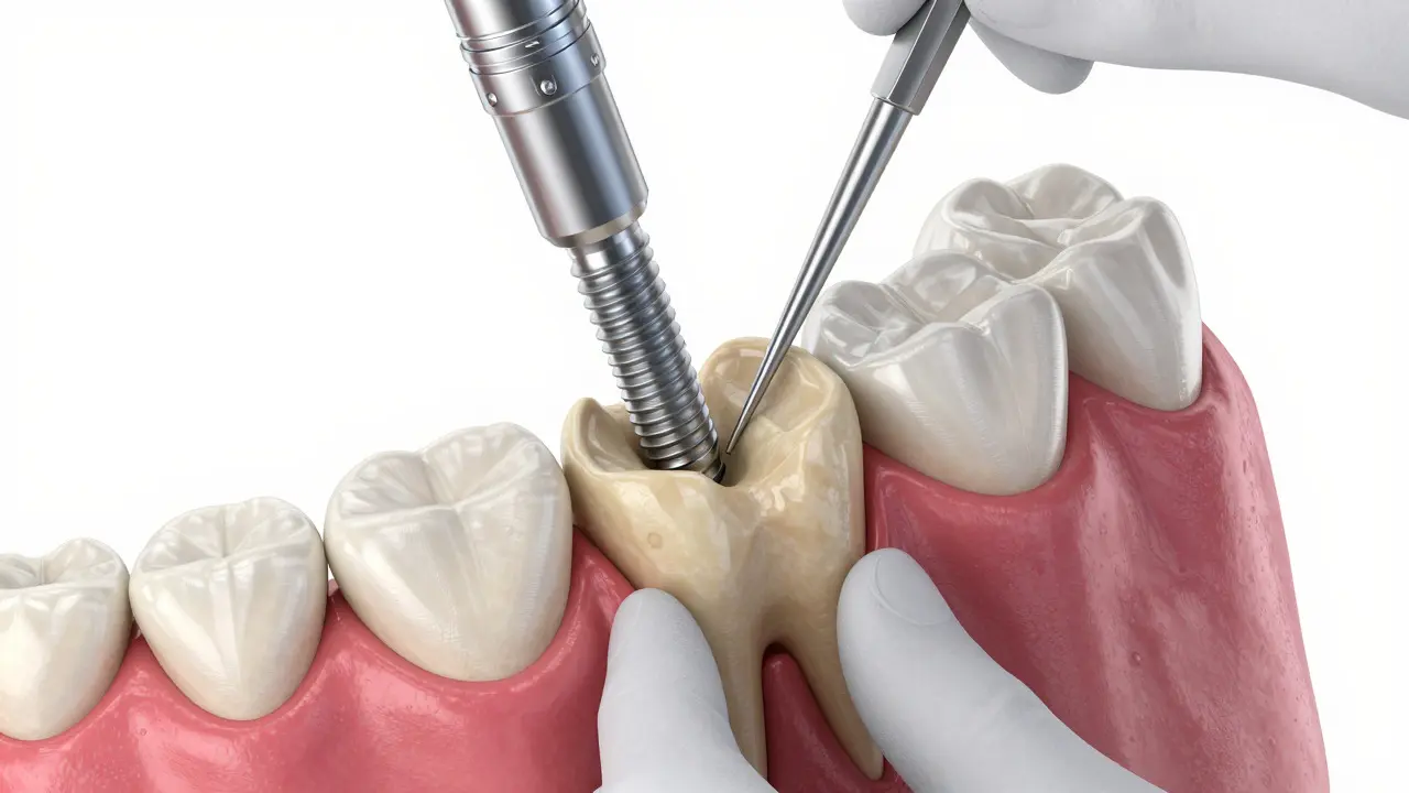 Zubní implantát z titanu umístěný v čelistní kosti během operace