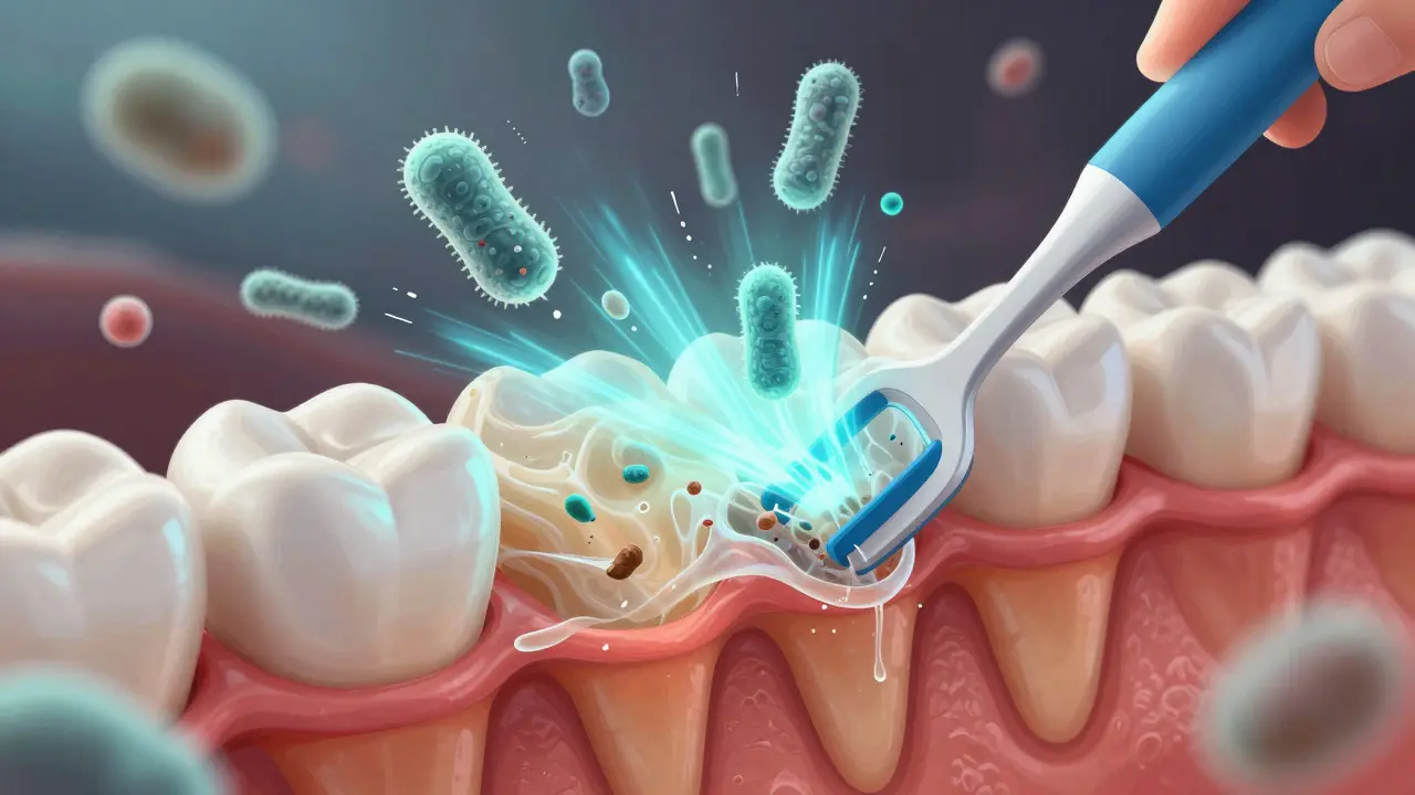 Conceptual illustration of plaque removal from tooth surface
