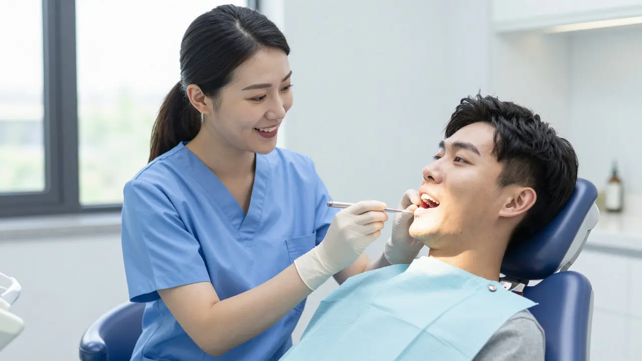 Dentální hygienik kontroluje dásně pacientovi v moderním ordinaci