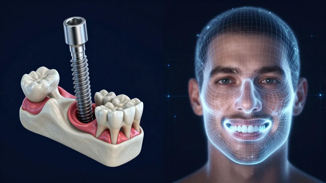 Ilustrace zubního implantátu a digitálního návrhu úsměvu