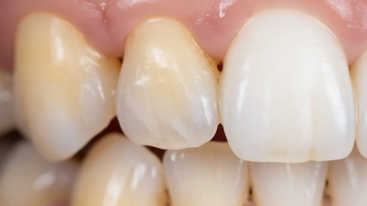 Makro záběr na opotřebované zuby s prasklinami a odhaleným dentinem
