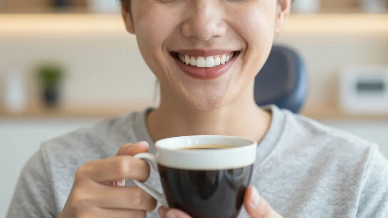 Person smiling with white teeth while holding a coffee cup