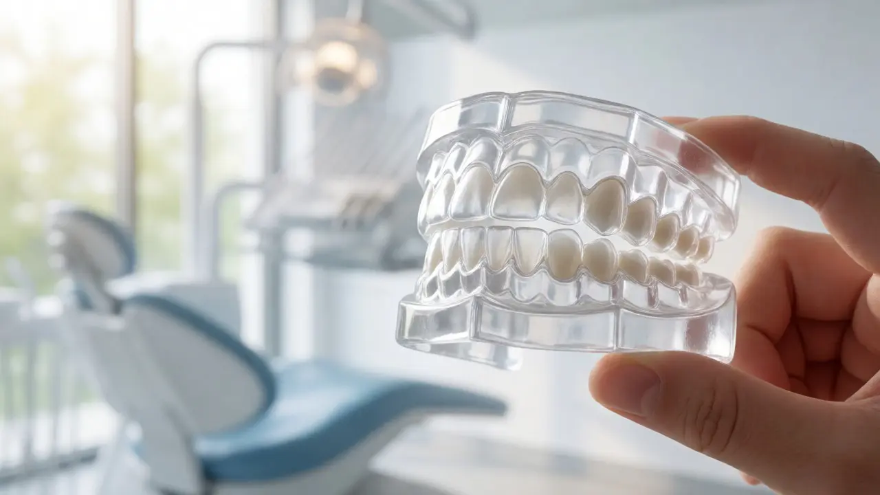 Průhledná ochranná dlahová terapie nasazená na modelu zubů