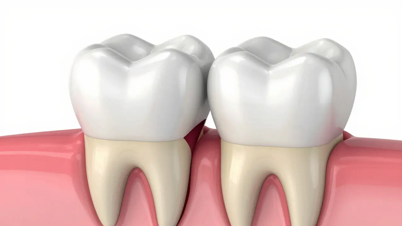Řez zubem ukazující mezizubní kaz pronikající do dentinu