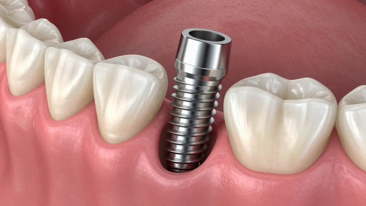 Schematický pohled na zubní implantát zasazený do kosti s zdravými dásněmi