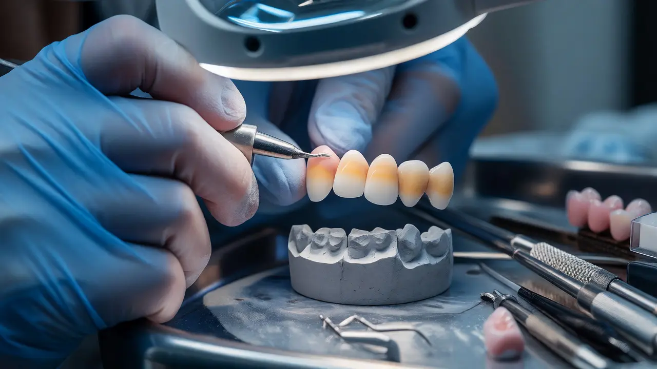 Dentální technik ručně dokončuje estetickou zirkonovou korunku v laboratoři