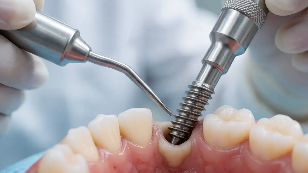 Detailní pohled na zavádění titanového zubního implantátu do kosti.