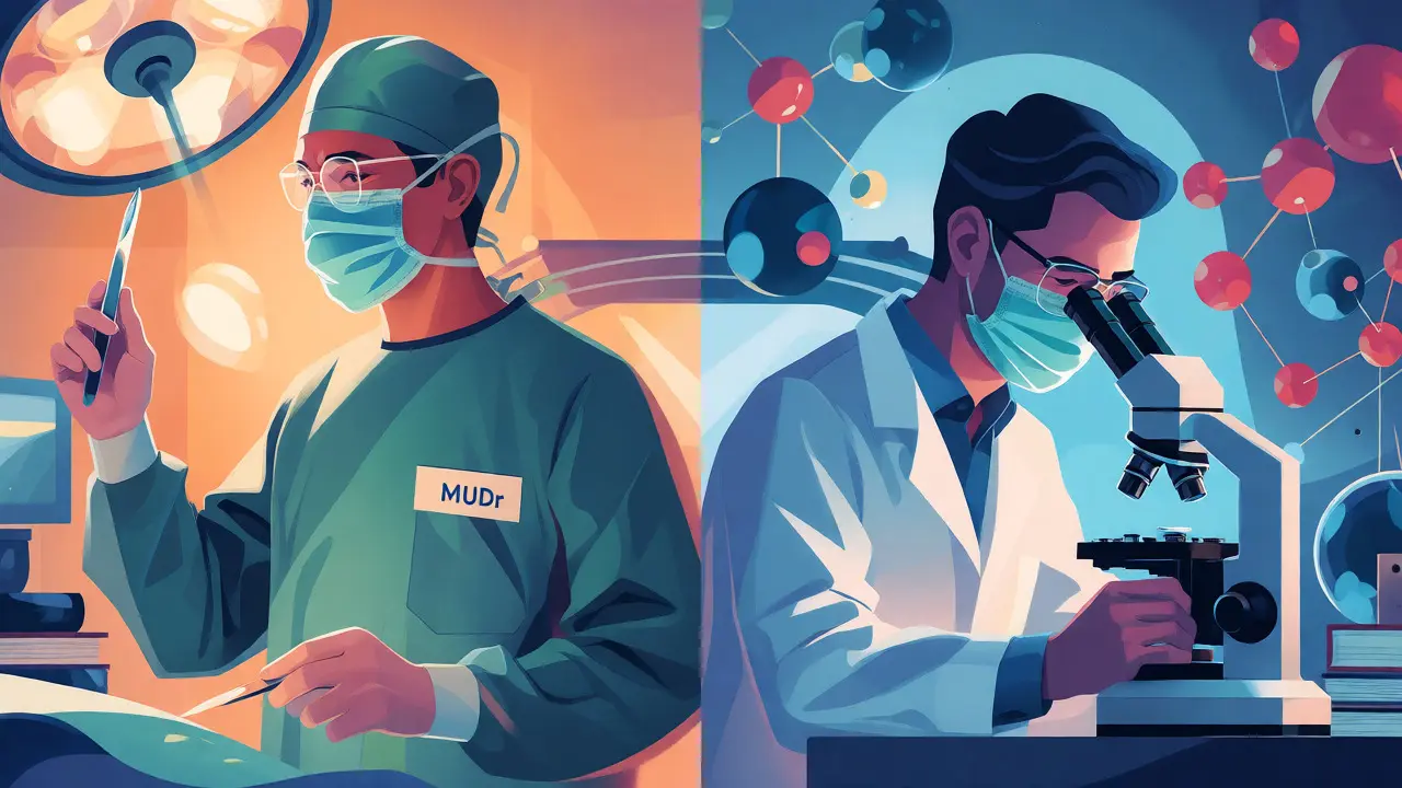 Ilustrace spojující klinickou praxi chirurga a vědecký výzkum Ph.D.