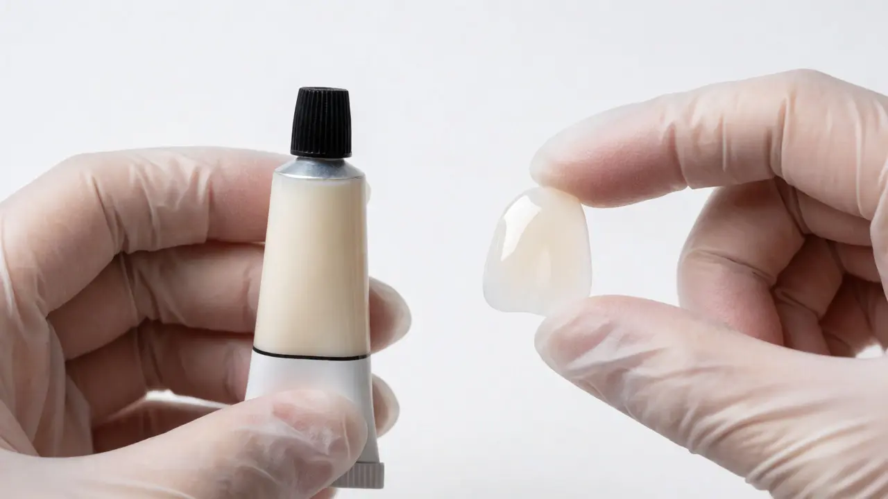 Porovnání kompozitního materiálu a keramické fazety v rukou stomatologa.