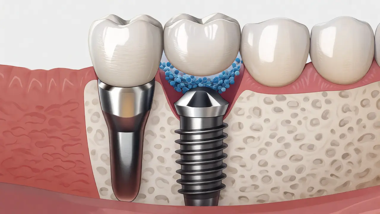 Řez zubním implantátem ukazující šroub, abutment a korunku v kosti