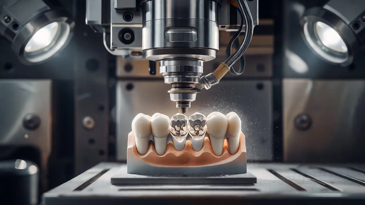 Robotická frézka vyřezává keramický zub v moderní laboratoři