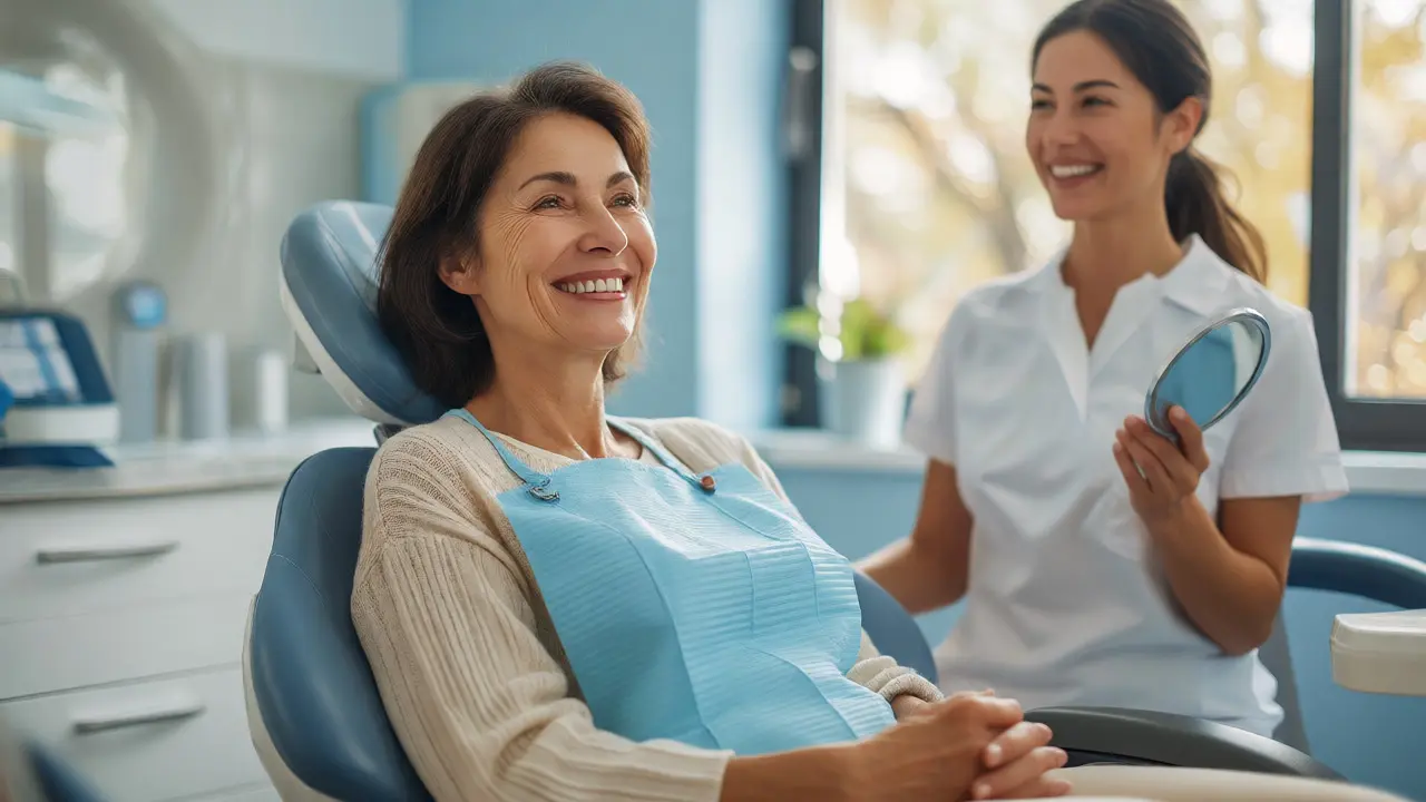 Spokojená pacientka s krásným úsměvem po dentální hygieně