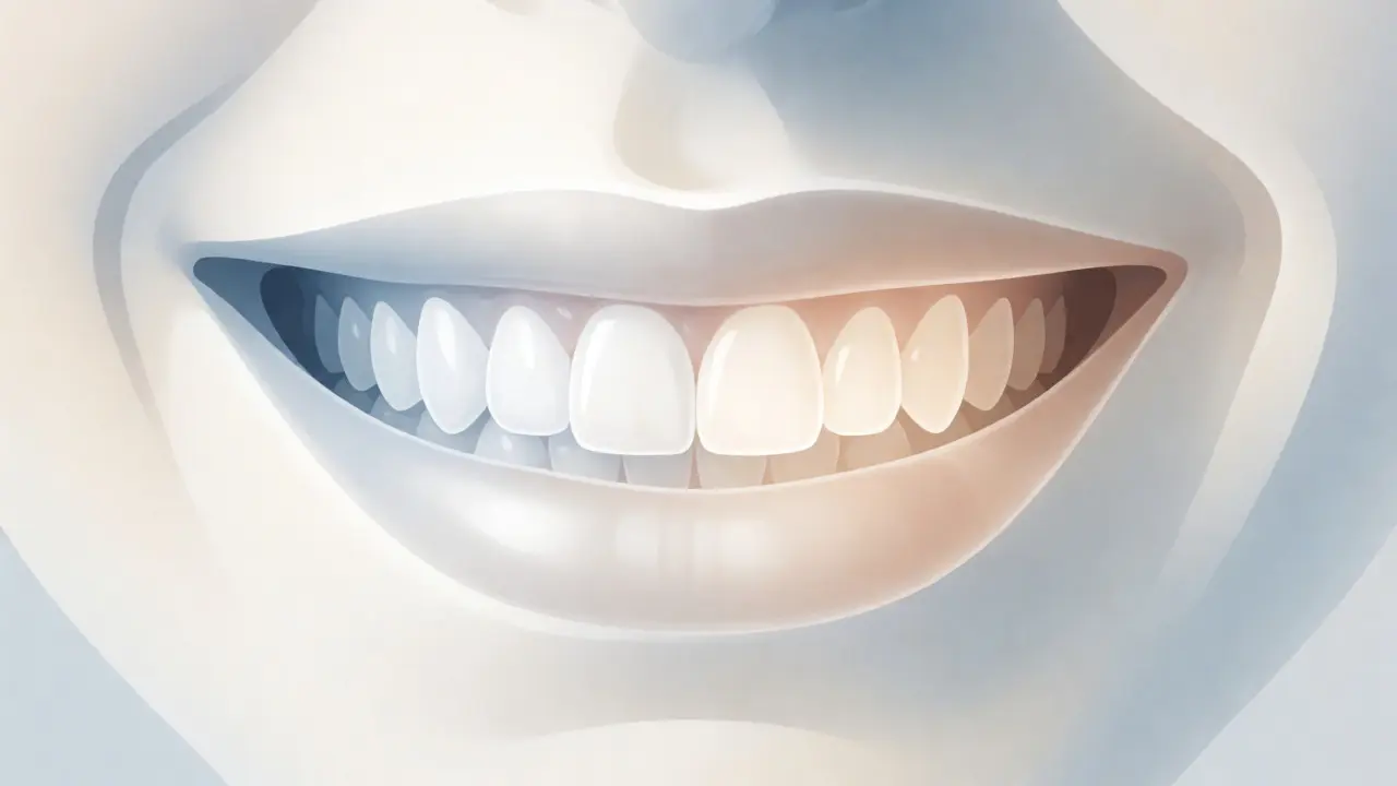 Umělecké znázornění dokonalého úsměvu s porcelánovými zuby