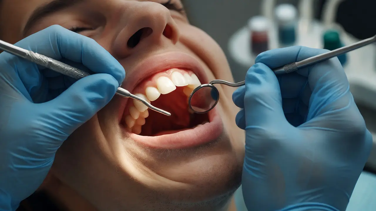 Zubař zkoumá zubní implantát zrcátkem a sondou v ordinaci
