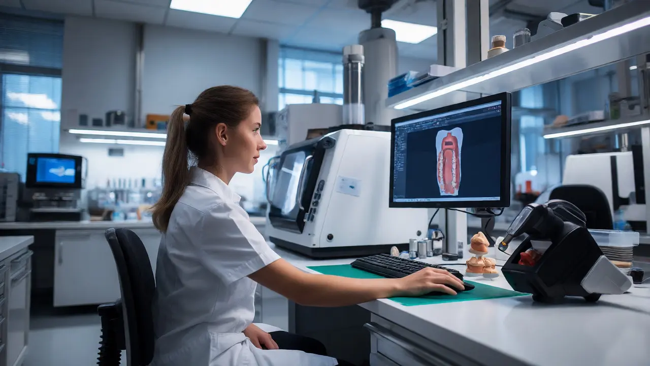 Zubní technik pracující s digitálním modelem čelisti v moderní laboratoři