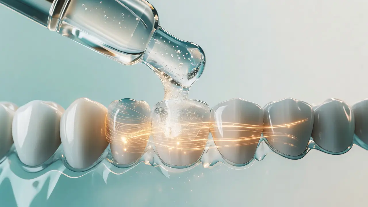 Aplikace bioaktivního gelu na zuby pro rychlé narovnání bez drátků
