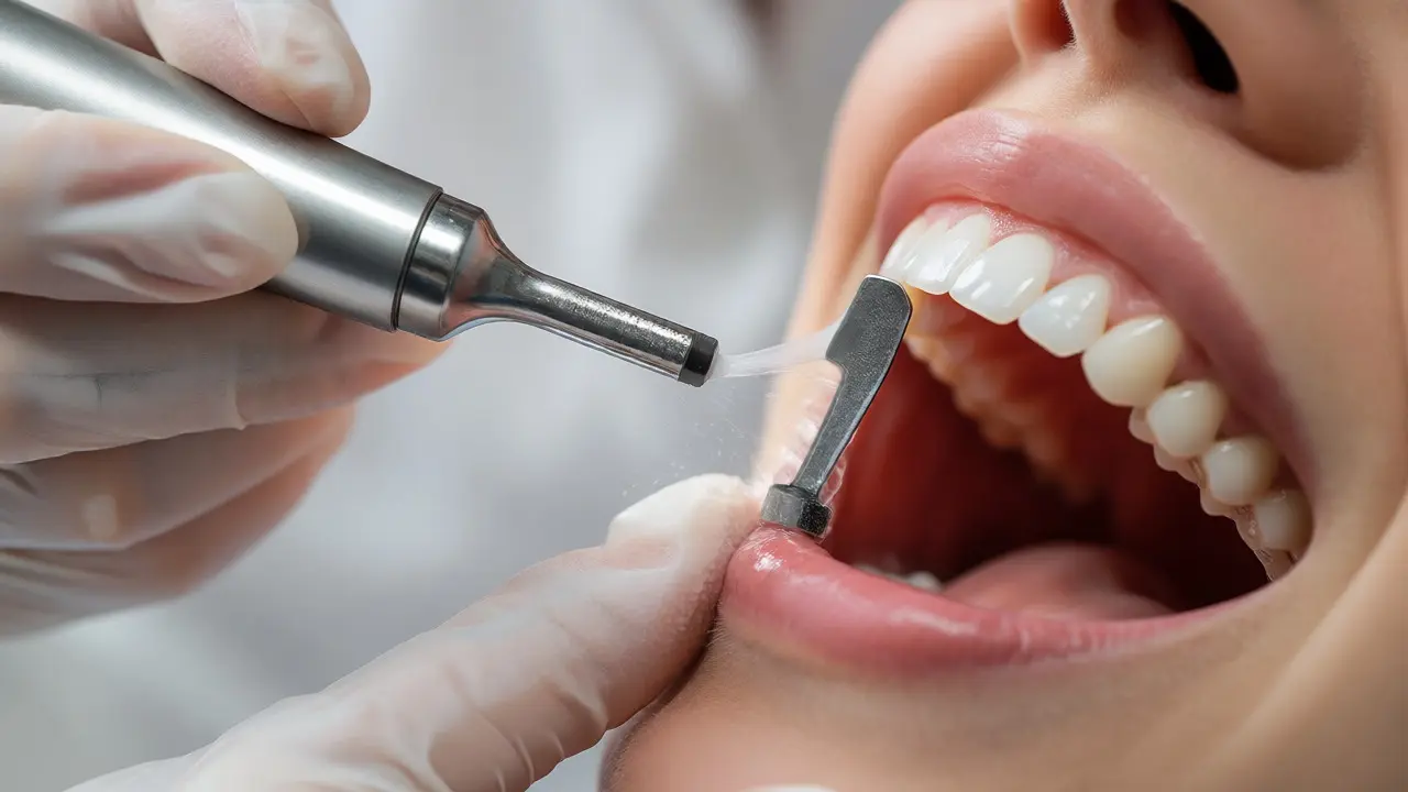 Dentální hygienistka odstraňuje zubní kámen ultrazvukovým přístrojem u pacienta.