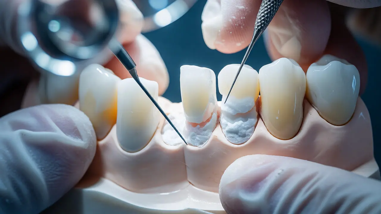 Dentista vrství kompozitní hmotu na zlomený zub