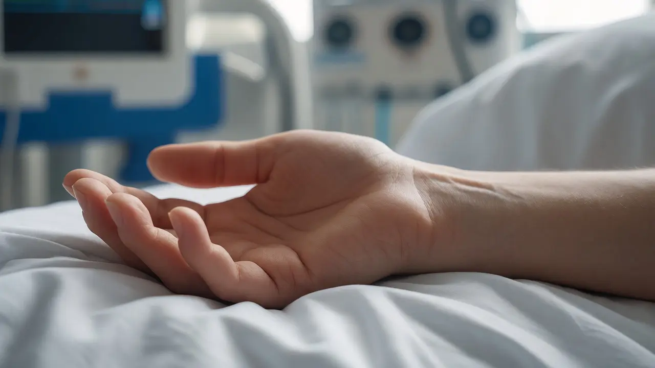 Detail ruky bez šperků na nemocničním lůžku zdůrazňující hygienická pravidla.