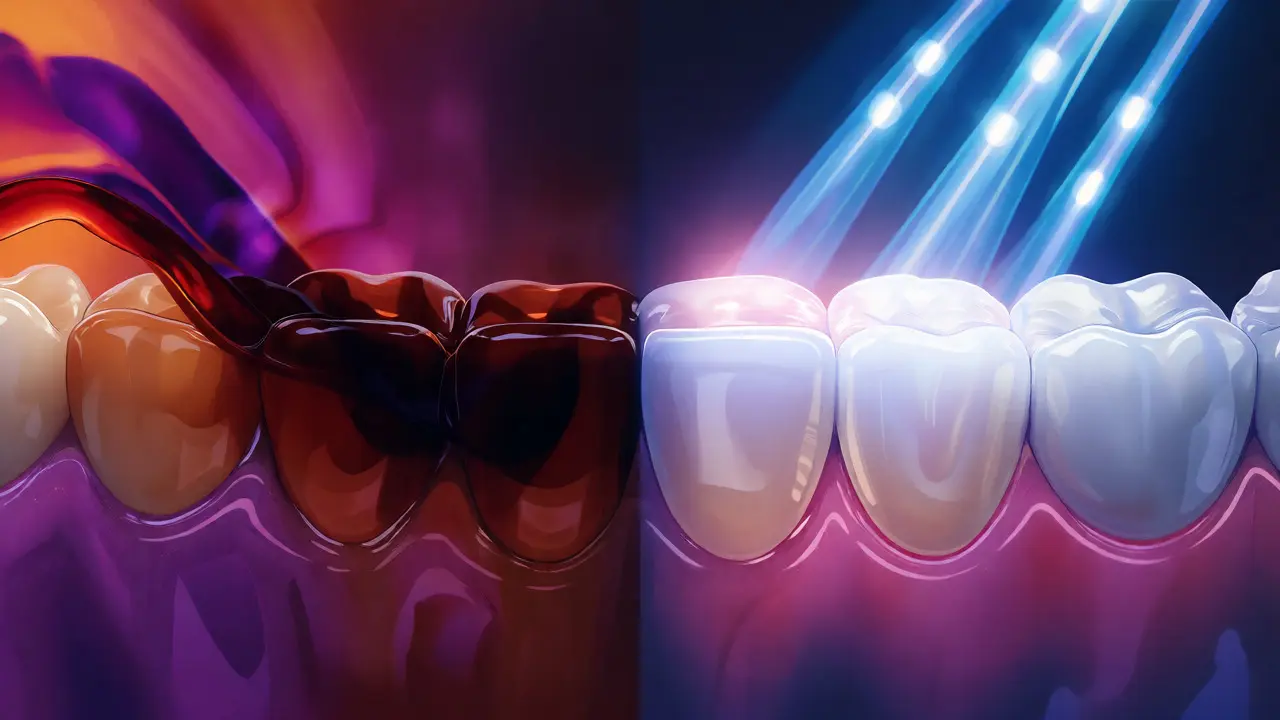 Koncept bělení zubů pomocí LED světla proti skvrnám