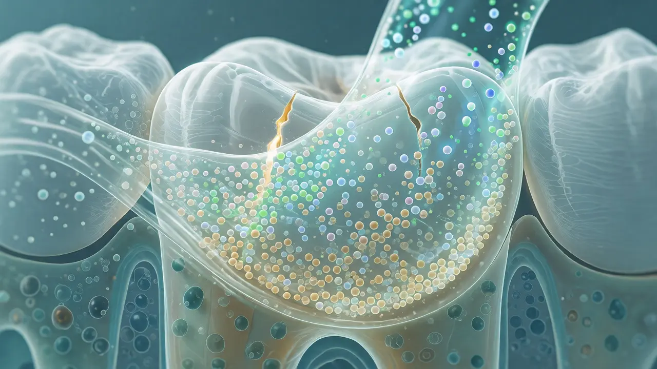 Konceptuální ilustrace remineralizace zubů pomocí minerálů ze slin