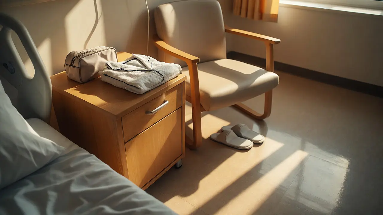 Minimalist hospital bedside with toiletries and slippers