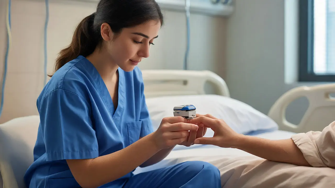 Nurse checking patient's natural nails and pulse oximeter