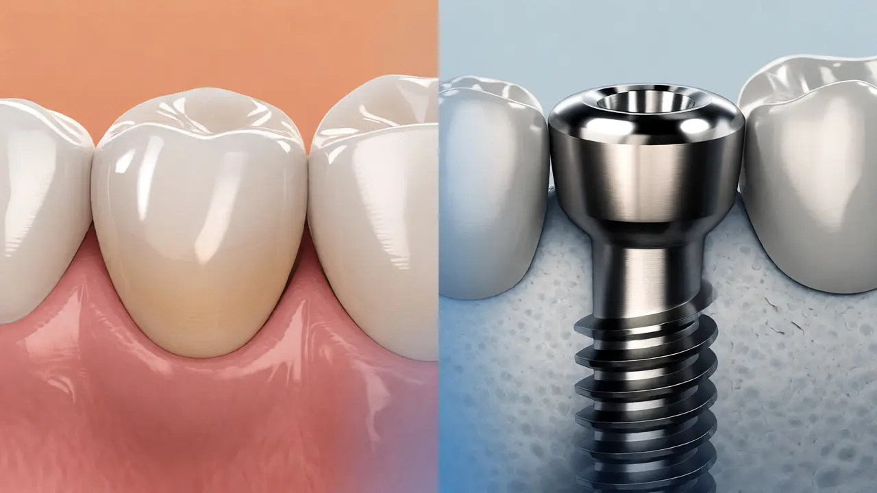 Porovnání keramické onlay na zubu a titánového implantátu v čelisti
