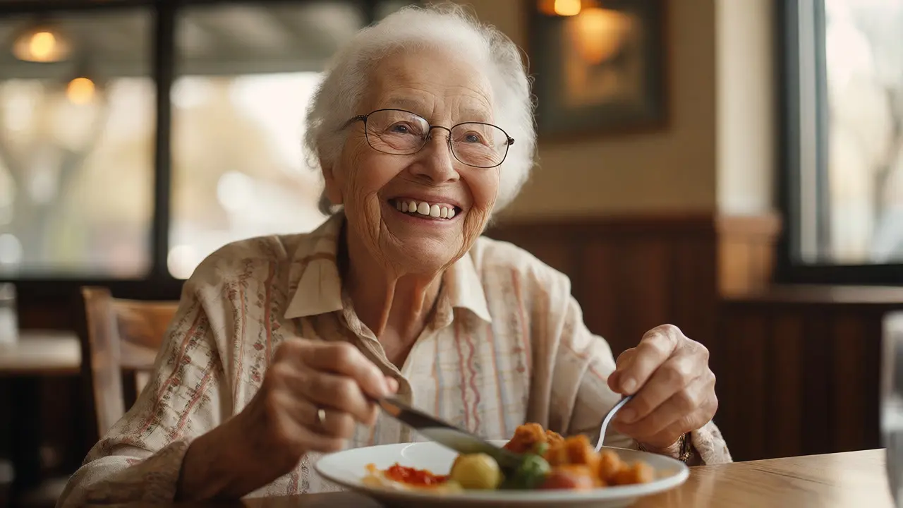 Spokojený senior jí v restauraci díky pevné zubní náhradě