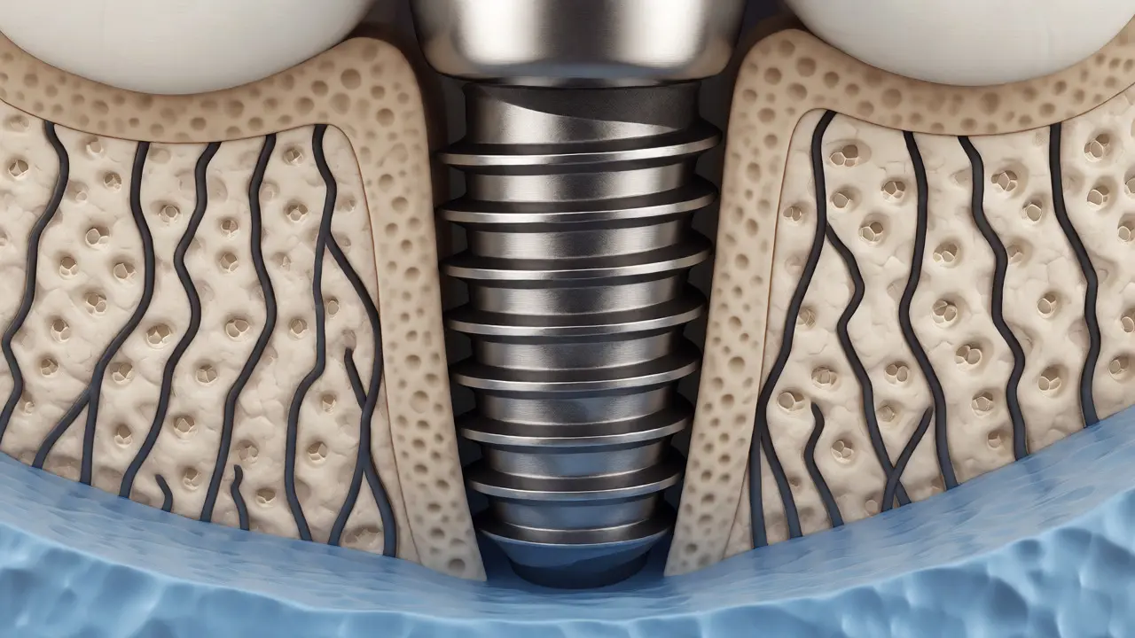 Titanový zubní implantát srostlý s čelistní kostí (osteointegrace)