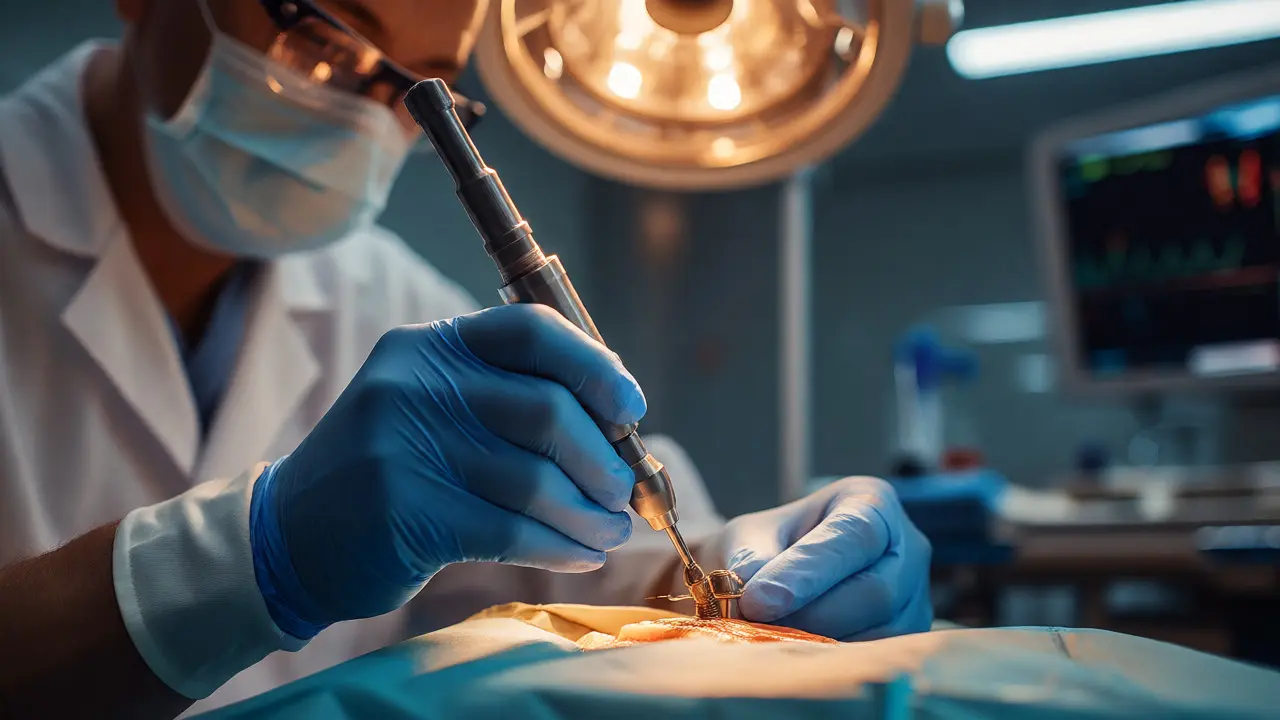 Zubní lékař zavádí zubní implantát pomocí precizního chirurgického nástroje